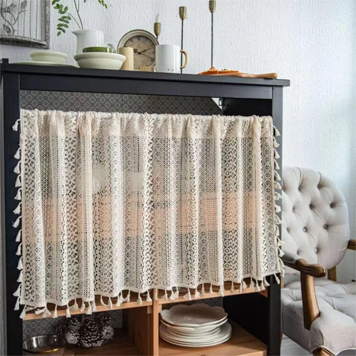 Sutuo Home Cortinas bohemias cortas con cenefa para cocina, encaje de croché, de punto calado con borlas, rústicas vintage de privacidad, jareta,