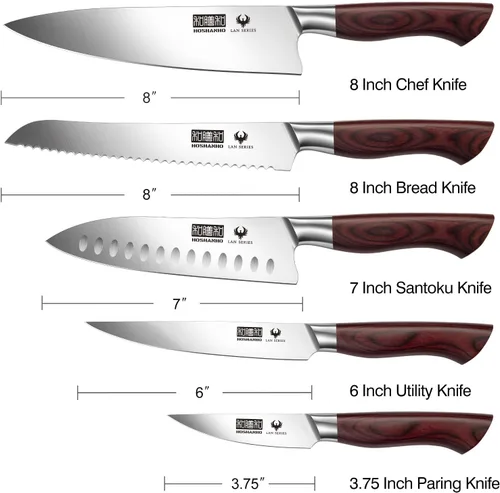 Miniatura 2 de HOSHANHO Juego de 5 cuchillos de cocina estilo japonés, cuchillos de chef profesionales ultra afilados de acero inoxidable de alto carbono con mango