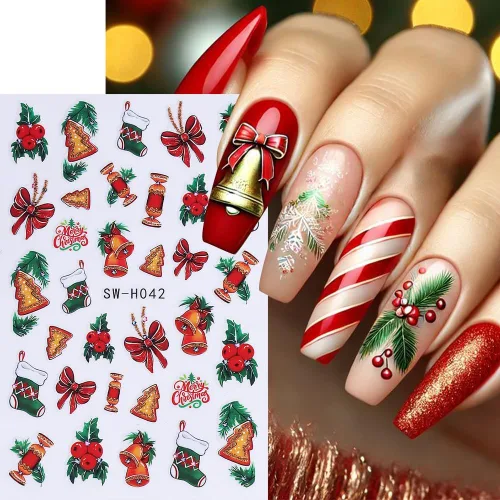 Miniatura 4 de Calcomanías de uñas de Navidad, calcomanías de uñas de invierno 3D, autoadhesivas, coloridas, cadena de luces, árbol de Navidad, reno, diseño