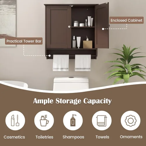 Miniatura 5 de COSTWAY Armario de baño montado en la pared, armario de almacenamiento sobre el inodoro con toallero, 2 puertas y estante ajustable, gabinete