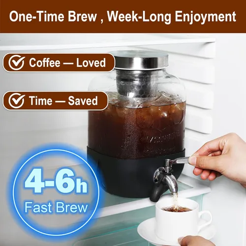 Miniatura 3 de Cafetera de café frío, cafetera de café helado de 1 galón con filtro de acero inoxidable, jarra de vidrio resistente para café frío con espita
