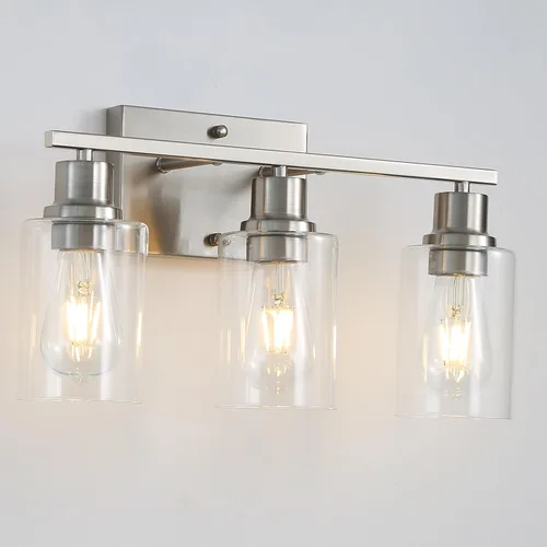 Miniatura 9 de Lámparas de tocador de baño de 3 luces, apliques de pared negro mate con pantallas de vidrio transparente, iluminación de pared moderna de granja
