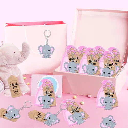 Miniatura 4 de CiciBear Paquete de 72 recuerdos de fiesta de elefante rosa con llaveros, etiquetas, bolsas de regalo para baby shower, cumpleaños de niños, 24