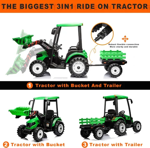 Miniatura 3 de Kidsera Tractor de paseo para niños de 24 V con remolque y cargador frontal, tractor 3 en 1 con caja de cambios de 24 voltios, marco de metal