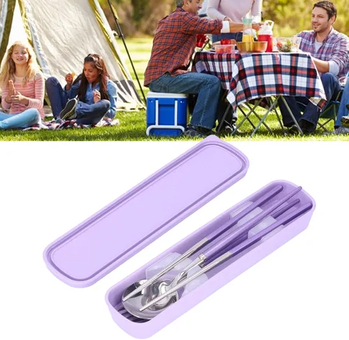 Miniatura 3 de Juego de cubiertos de viaje, 5 piezas de utensilios portátiles con funda de bolsa, juego de cubiertos reutilizables de acero inoxidable, cuchara