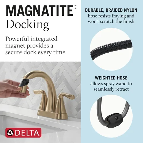Miniatura 3 de Delta Arvo - Grifo central de baño extraíble, grifo dorado para lavabo de baño, grifo de baño con rociador extraíble, grifo de baño de 3 agujeros