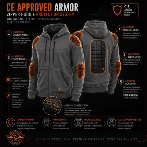 Miniatura 6 de Milwaukee Leather MPM1788 - Sudadera con capucha blindada de motociclista negra aprobada por CE para hombre con aramida de DuPont Fibers - Mediana