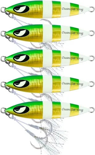 Miniatura 10 de OCEAN CAT 1 PC Señuelos de Pesca de Pitch de Caída Lenta Hundimiento Plomo Metal Jigs Planos Cebos de Jigging con Anzuelo para Pesca en Agua Salada