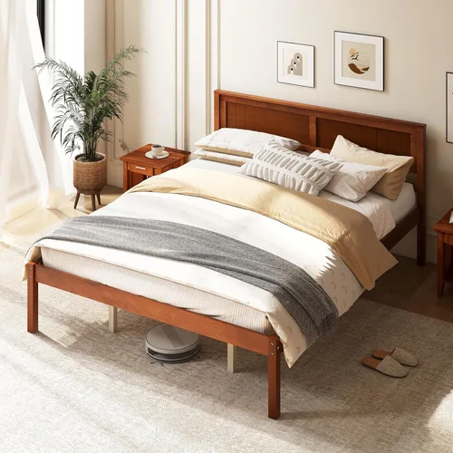 Miniatura 15 de Giantex Base de cama individual con cabecero, cama de plataforma de madera maciza con soporte de listones de madera, cama individual