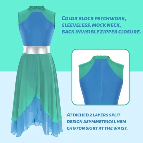 Miniatura 6 de JanJean Vestido de baile lírico para mujer, bloque de color, gasa, patchwork, perforación, vestido de alabanza
