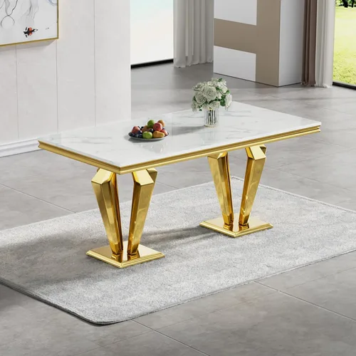 Miniatura 18 de Mesa de comedor de mármol negro para 4, 6, 70 pulgadas, moderna mesa de comedor de cocina dorada con base de acero inoxidable con diseño
