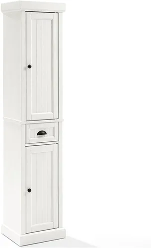 Crosley Furniture Seaside - Armario de almacenamiento alto de lino y organizador de baño con cajón y estantes, color blanco envejecido
