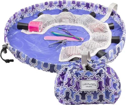 Miniatura 10 de Lay-n-Go NailSpa - Bolsa de cosméticos con cordón - Organizador portátil de suministros para uñas con 8 bolsillos elásticos de malla y centro What A