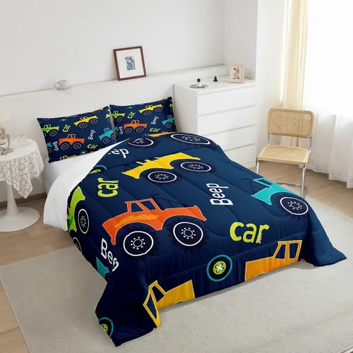 Miniatura 5 de Feelyou Juego de ropa de cama de dibujos animados de construcción para niños, juego de edredón para niños y niñas, camiones de equipo, decoración