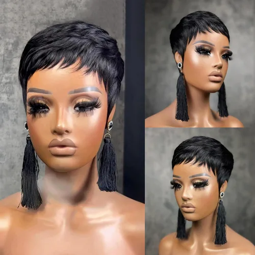 YJOQOKOA Peluca corta de corte Pixie para mujeres negras, peluca de cabello humano lacio negro natural, peluca estilo Bob, pelucas cortas en capas,