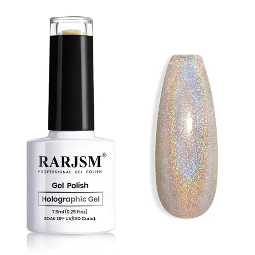 RARJSM - Esmalte de uñas holográfico dorado champán, gel con halo, unicornio, esmalte metálico, colores de gel, requiere lámpara UV para arte de