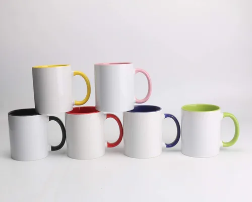 Miniatura 9 de Taza de café de sublimación de cerámica blanca de 11 onzas con colores sólidos en el interior y mango negro, rojo, rosa, azul, verde y amarillo, 6
