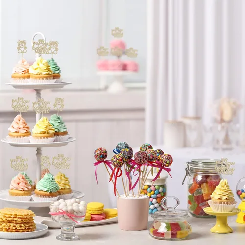 Miniatura 5 de Gyufise 24 piezas de decoración para cupcakes con texto en inglés «We Can Bearly Wait» («We Can Bearly Wait») para cupcakes con purpurina marrón