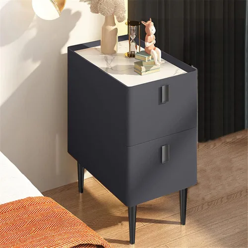 Mesita de noche moderna de madera maciza con almacenamiento de 2 cajones, parte superior de mármol, práctica mesa auxiliar auxiliar para dormitorio,
