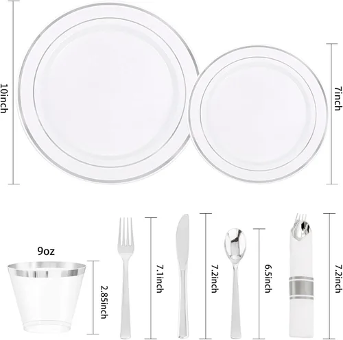 Miniatura 9 de DaYammi Juego de vajilla de plástico plateado de 350 piezas para 50 invitados, platos desechables elegantes para fiestas, incluye: 50 platos llanos