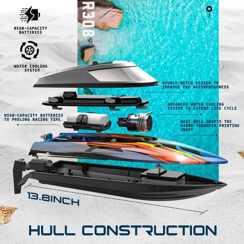 Miniatura 2 de ALPHAREV Barco RC - R308 32+ KPH - Barco de control remoto rápido para piscina y lago con maleta portátil, barcos RC de carreras de 2.4 GHz
