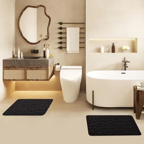 Miniatura 7 de Juego de 2 tapetes de baño de espuma viscoelástica de adoquines, suaves, absorbentes, antideslizantes, para inodoro, ducha, baño, alfombra Negro