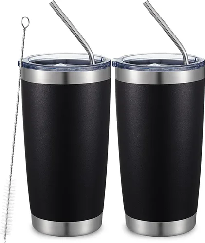 Miniatura 38 de COMOOO Taza de viaje de acero inoxidable de doble pared aislada al vacío de 20 onzas con tapa y pajita, taza de café aislada con recubrimiento
