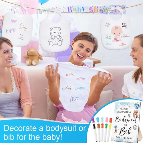 Miniatura 6 de Roowest 35 Piezas Baberos para Baby Shower Juegos Diseño Letrero de Madera para Juego de Fiesta de Baby Shower DIY Letrero de Body 15 Baberos