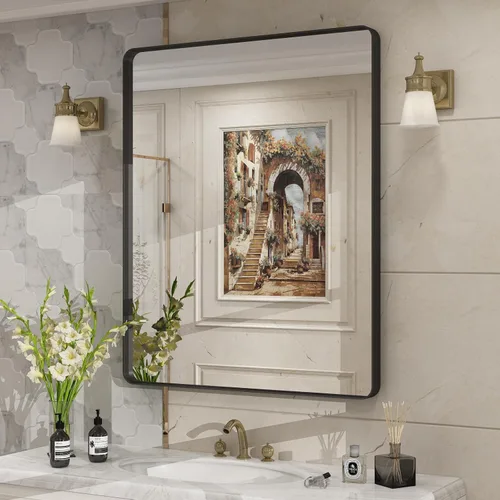 Miniatura 34 de Paquete de 2 espejos de baño con marco de metal negro de 22 x 30 pulgadas, espejo rectangular redondeado negro mate, antioxidante, se cuelga