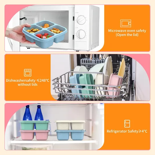 Miniatura 4 de Cajas Bento para Aperitivos (Paquete de 4) - Contenedores Reutilizables de 4 Compartimentos para Preparación de Comida para Niños y Adultos