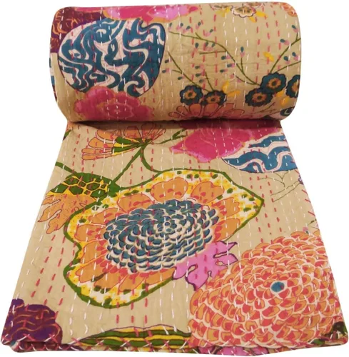 Miniatura 34 de Sophia-Art Colcha reversible de frutas indias para cama individual/king con patrón Gudri de algodón puro estilo Kantha, colcha decorativa con Rosa