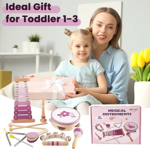 Miniatura 7 de BUYGER Instrumentos musicales para bebés con xilófono, juegos de instrumentos de percusión de madera con bolsa de almacenamiento, regalos educativos