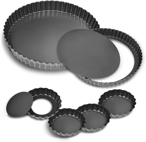 TORASO Sartén para tartas de 11 pulgadas, 9 pulgadas y 4 pulgadas con parte inferior extraíble, 2 moldes para quiche de tamaño grande y 4 moldes