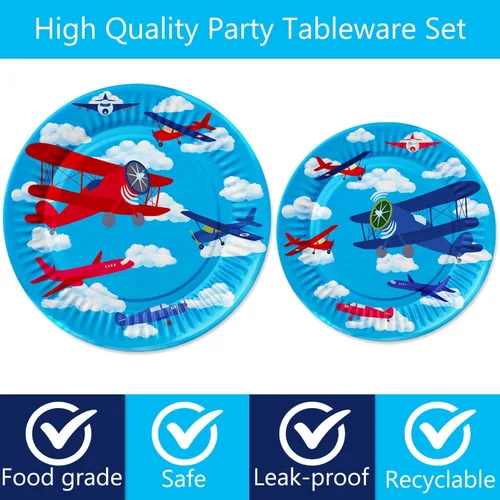 Miniatura 3 de 80 piezas de suministros de fiesta de avión, platos de papel para aviones, servilletas, tenedores, vajilla para temática de aviación para niños