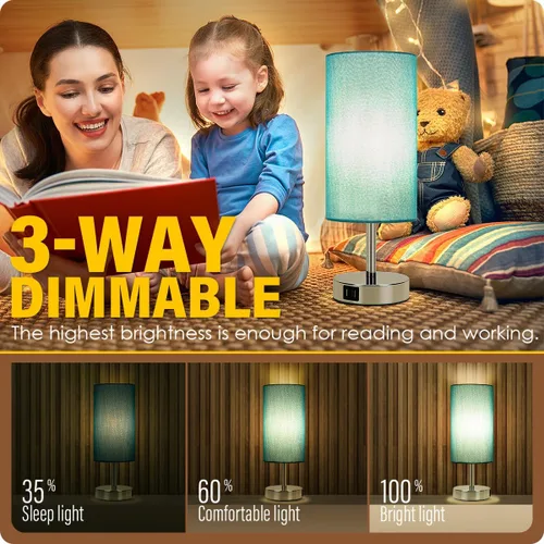 Miniatura 2 de Yarra-Decor Lámpara de mesa de noche, puerto USB, control táctil, madera, 3 modos, regulable, pantalla redonda de tela de jeans, para sala