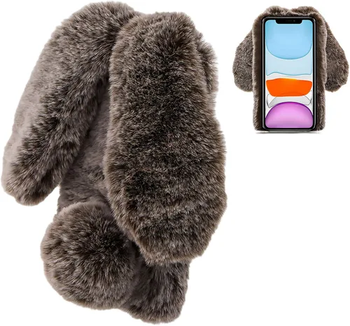 Miniatura 6 de LCHDA Funda de conejo para iPhone 13 de 6.1 pulgadas, lindas orejas de conejo 3D, bola de pelo suave y peluda, cálida de piel sintética, esponjosa