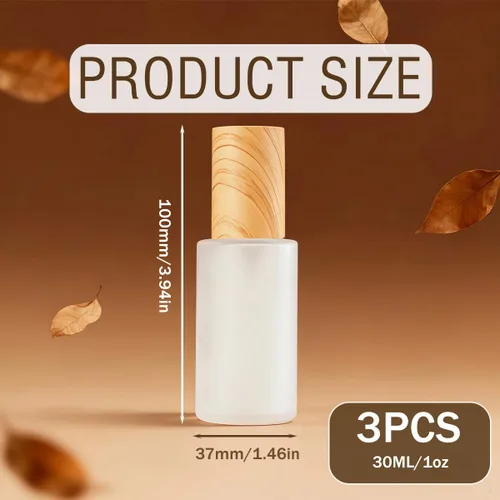 Miniatura 2 de Paquete de 3 botellas vacías de loción de vidrio esmerilado de 1.0 fl oz / 1 onza líquida con bomba de plástico de grano de madera, contenedor