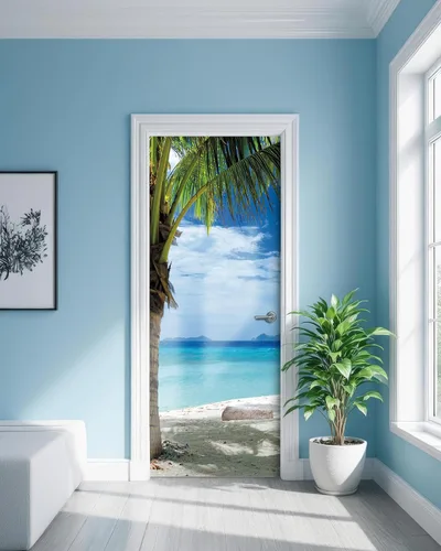 Miniatura 31 de FLFK Adhesivo de puerta - Playa y palmera, mural de pelar y pegar, tamaño combinado 36"x80", dividido en 2 piezas Mt2219