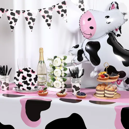 Miniatura 5 de Preboun Mantel de plástico de 3 piezas con diseño de vaca rosa vaquera, diseño de cachemira, desechable, para baby shower, suministros de fiesta