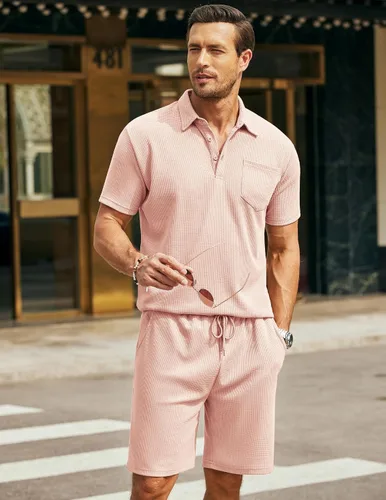 Miniatura 23 de COOFANDY Conjunto de camisa polo y pantalones cortos de punto gofre para hombre, conjunto de 2 piezas, traje de verano casual con bolsillos