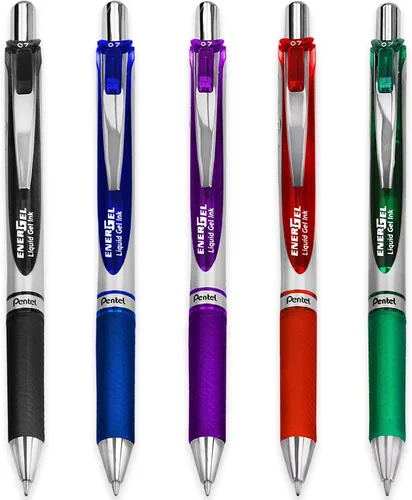 Pentel EnerGel XM BL77 - Bolígrafo retráctil de tinta de gel líquido, 0.028 in, 54% reciclado, tinta negra, azul, roja, verde y violeta, paquete de