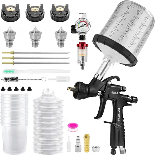 R500 LVLP Pistola de aire con 10 vasos de pintura desechables de 22.0 fl oz, pistolas de pintura A610 automotrices, pistola de pintura pulverizadora