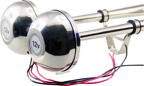 Miniatura 2 de Pactrade Marine Juego completo de cuerno de trompeta dual eléctrico de acero inoxidable para barco de 12 V-150 db para pontón RV coche, camión, barco