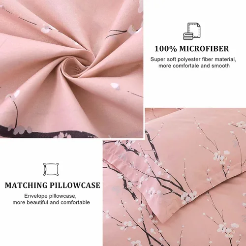 Miniatura 5 de WONGS BEDDING Juego de funda de edredón floral rosa tamaño individual, juego de ropa de cama reversible con 1 funda de almohada, juego de funda