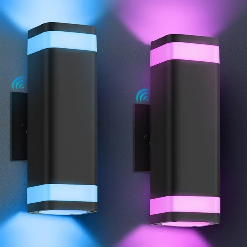 Luces de pared RGB inteligentes para exterior 2 paquete, control por Wi-Fi y aplicación, luces de pared con cambio de color hacia arriba y hacia