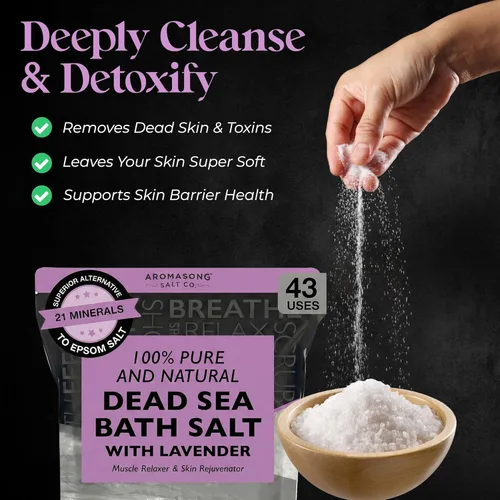 Miniatura 2 de Aromasong Sal pura del mar muerto para remojar con lavanda 100% natural, 19 libras, sal de baño de spa de grano fino, exfoliante de lavado corporal