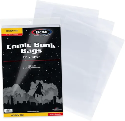 BCW Bolsas de cómic gruesas de Golden Age – 100 unidades | Protección transparente sin ácidos, fundas de polipropileno | Bolsas de cómic para