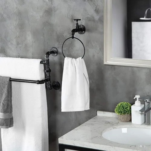 Miniatura 2 de MyGift Anillo de soporte para toallas de mano, estante colgante de toalla de baño montado en la pared, accesorios de baño industriales, decoración