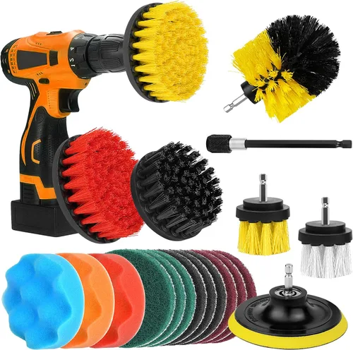 Miniatura 9 de Accesorios para cepillos de taladro, 20 almohadillas de limpieza y cepillo de esponja con varilla larga extendida multiusos para lechada, superficie