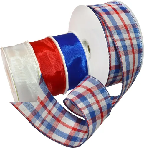 Miniatura 23 de Morex Ribbon Carrete de cinta de satén con alambre de estrellas y rayas, 2-1/2 pulgadas por 3 yardas, rojo/blanco/azul Estrellas y rayas con cable